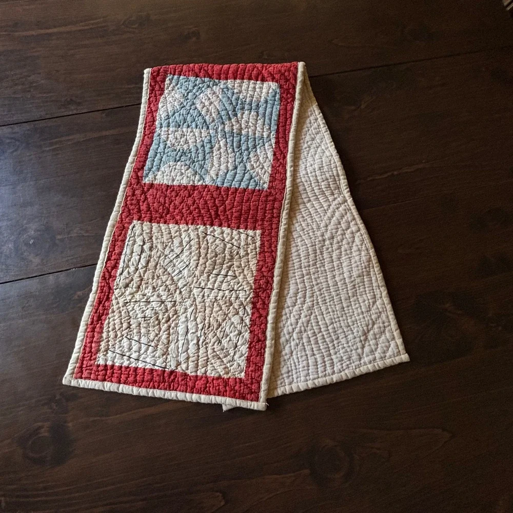 Reversible Patchwork Table Runner Americana Red Cream Blue Star Farmhouse 44x11